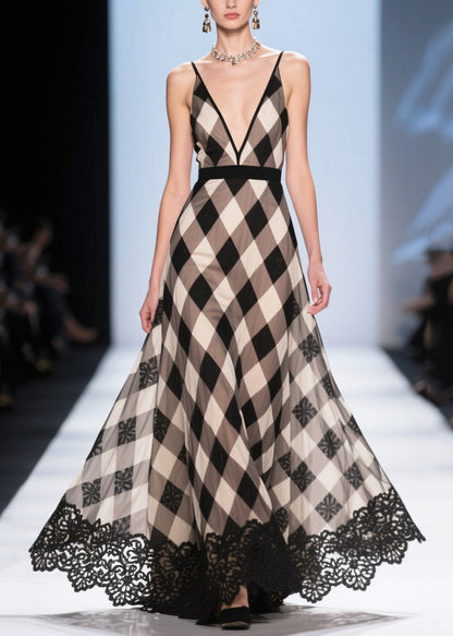 Colorblock Plaid Patchwork Lace Chiffon Evening Dress Summer