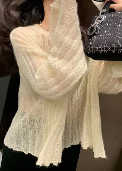 Beige O Neck Knit Sweaters Flare Sleeve