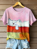 Comstylish Women's Cute Animal Cat Pattern Print Round Neck T-shirt