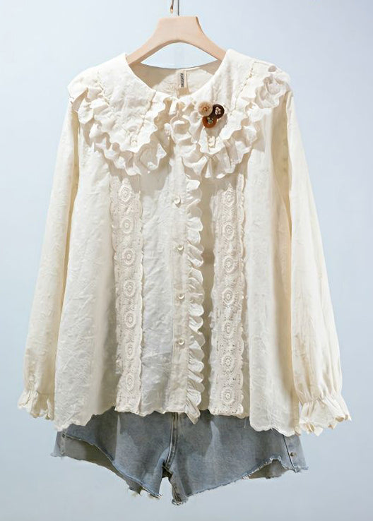 Beige Embroideried Button Cotton Blouses Long Sleeve