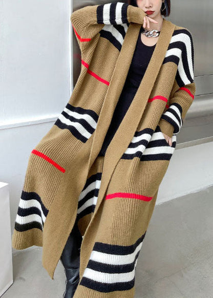 French Khaki Retro Striped Loose Fall Knit Sweater Coat
