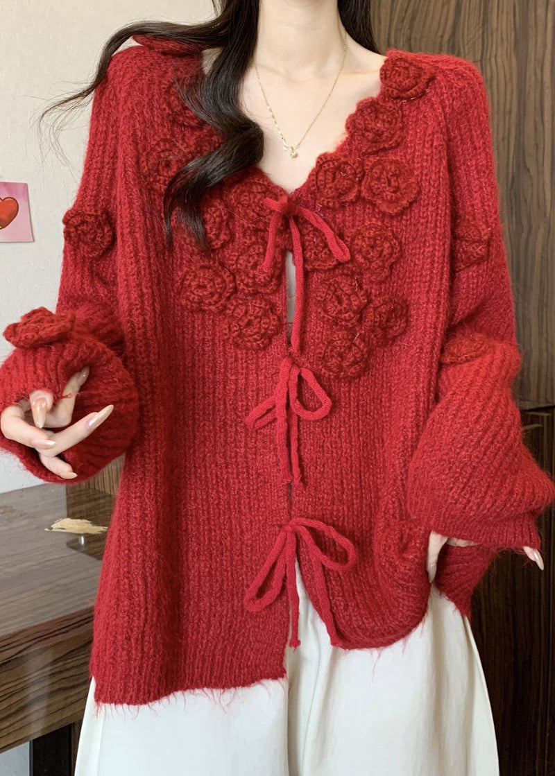 Red V Neck Lace Up Cotton Knit Cardigans Winter