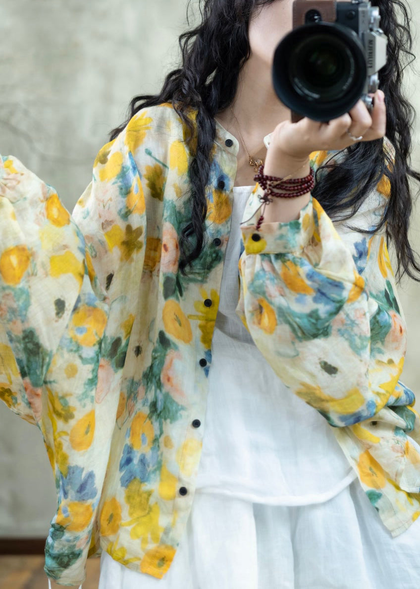 Yellow Print Button Linen Loose Shirts Lantern Sleeve