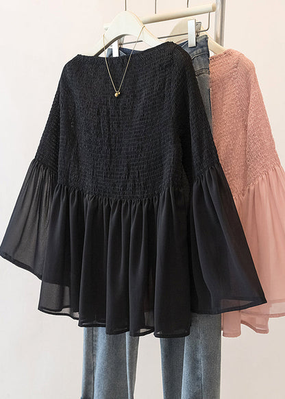 Pink Wrinkled Chiffon Blouse Tops Flare Sleeve Fall