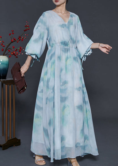 Sky Blue V Neck Tie Dye Chiffon Dress Summer