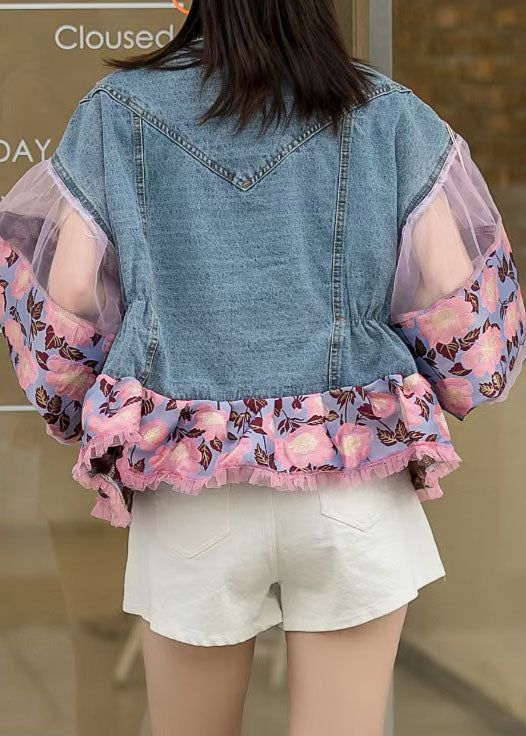 Loose Blue Tasseled Embroideried Ruffled Patchwork Denim Coat Lantern Sleeve Spring