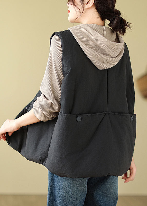 Black Pockets Patchwork Button Hooded Jacket Waistcoat Winter