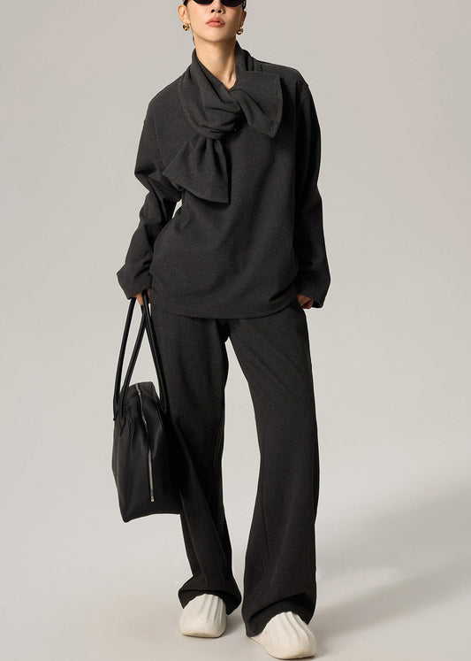 Dark Gray Scarf Tops and Pants Cotton Fall Three Pieces Set V Neck