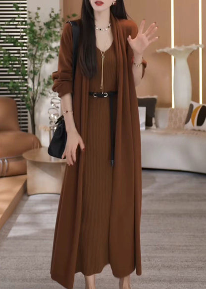Loose Coffee V Neck Knit Two Pieces Set Winter