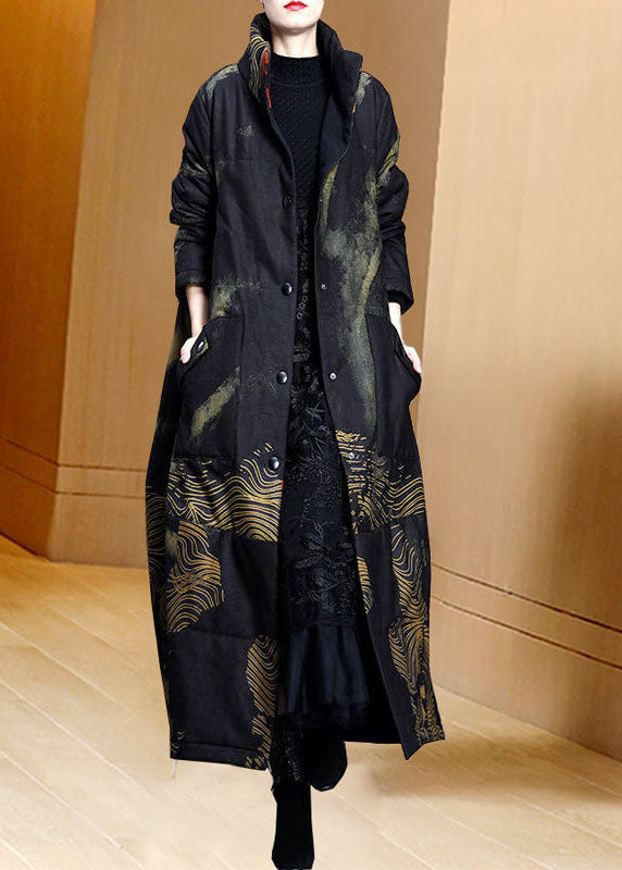 Black Stand Collar Pockets Print Fine Cotton Filled Trench Coat Spring
