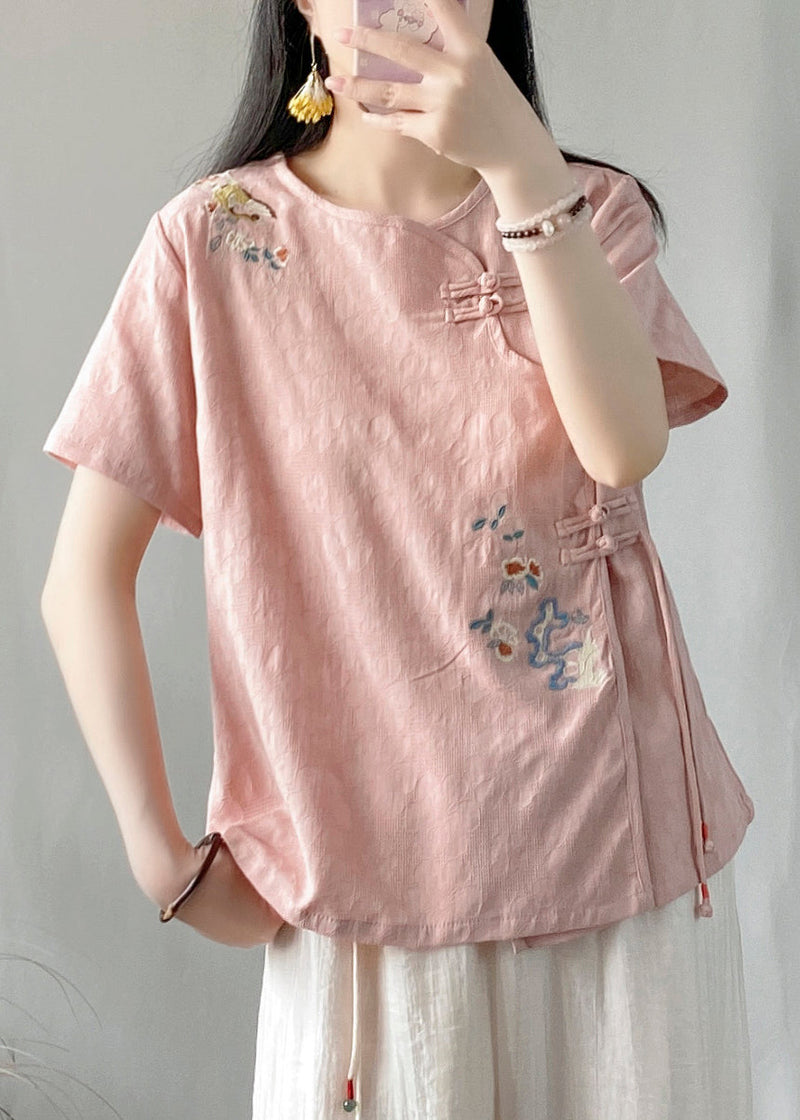 Pink Embroideried Chinese Button Patchwork Linen Top Summer