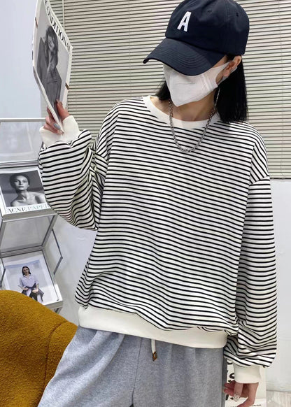 Chocolate O-neck Striped Patchwork Cotton Sweatshirts Top Long Sleeve