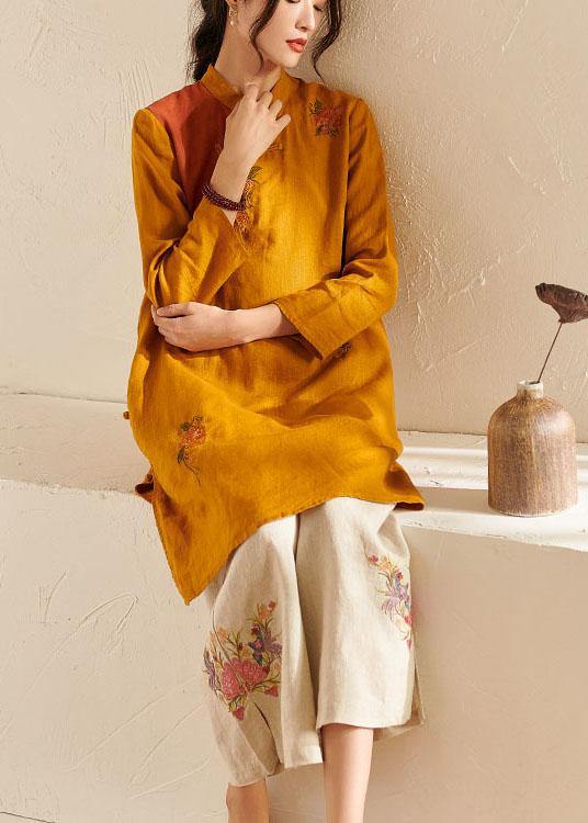 French Yellow Oriental Side Open Summer Linen Top