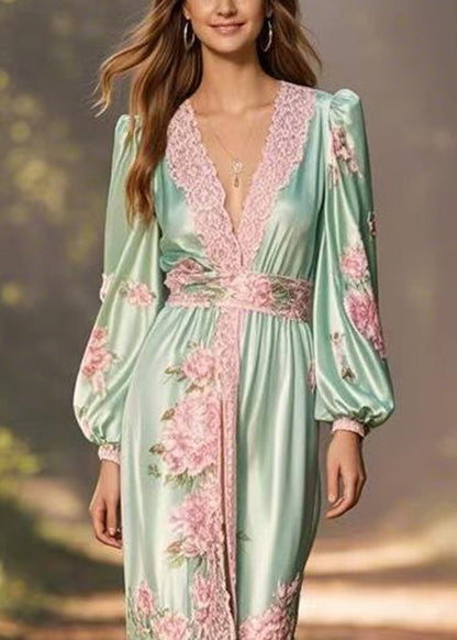 Green V Neck Print High Waist Silk Long Dress Spring