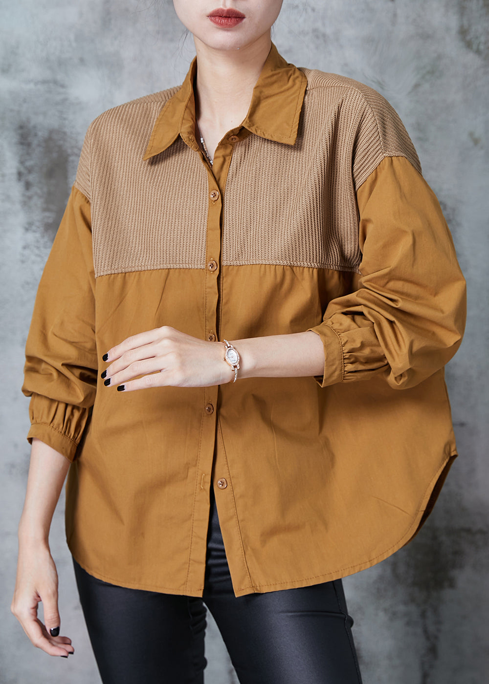 Caramel Oversized Patchwork Cotton Shirts Fall