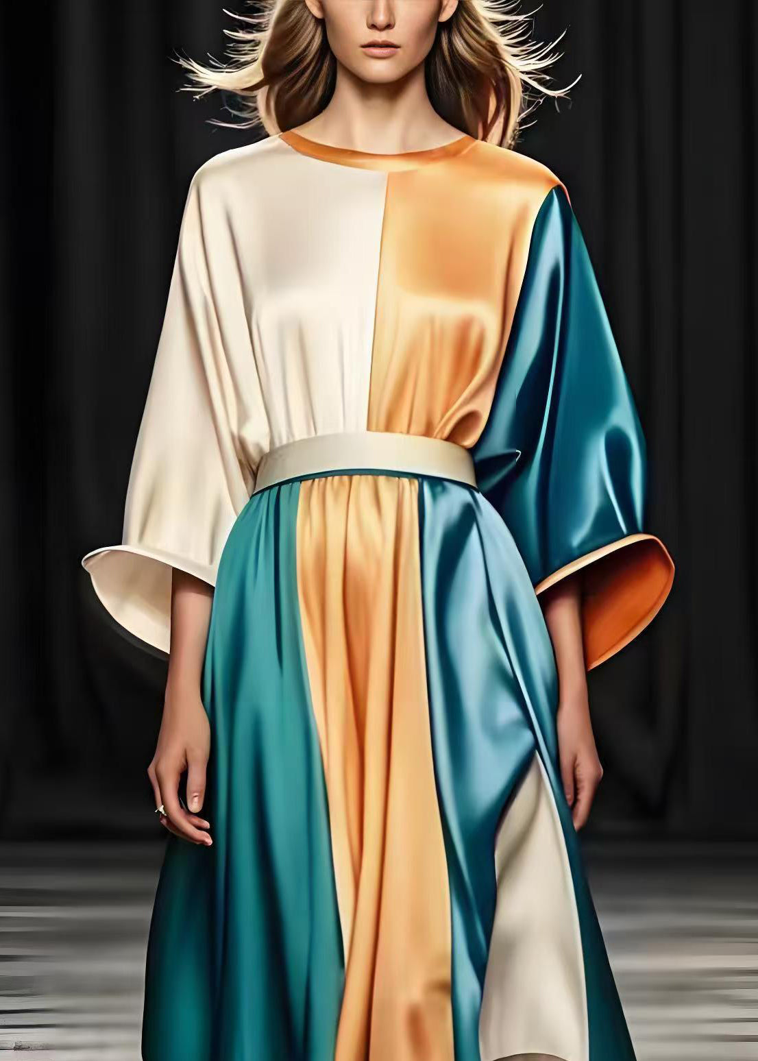 Colorblock Cinched Patchwork Silk Long Dresses Spring