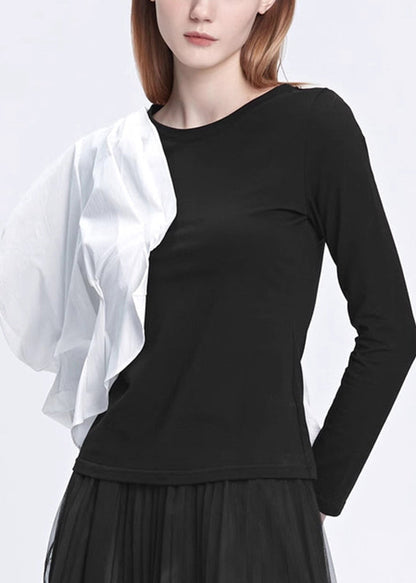 Handmade Black Asymmetrical Patchwork T Shirts Fall