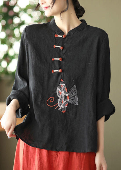 Boutique White O-neck Embroideried Button Linen Shirt Long Sleeve
