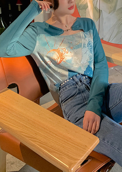Blue O-neck Asymmetrical Print Top Long Sleeve