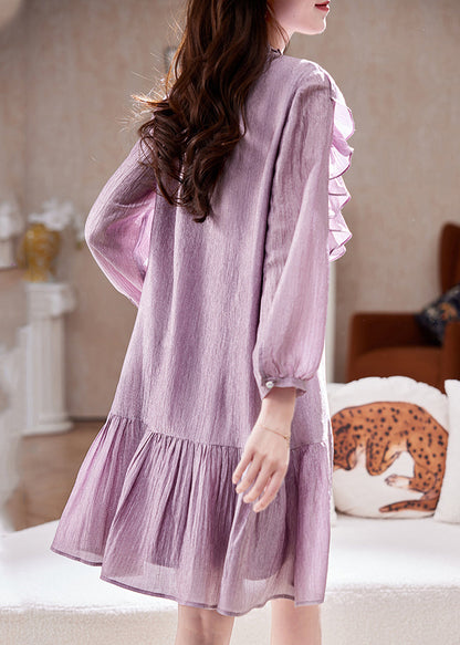 Simple Purple Stand Collar Ruffled Mid Dress Spring