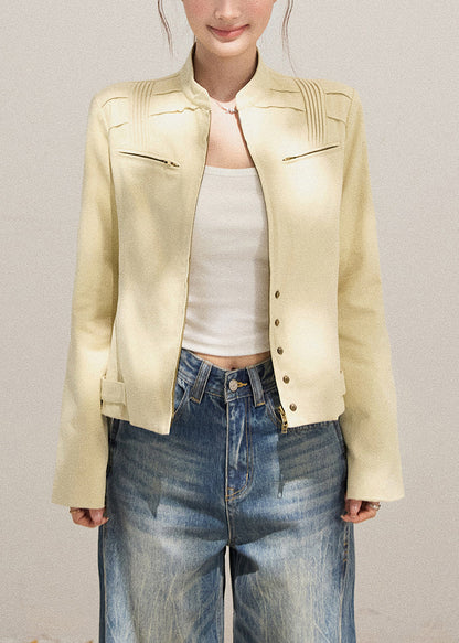Modern Beige Zippered Wrinkled Cotton Jacket Fall