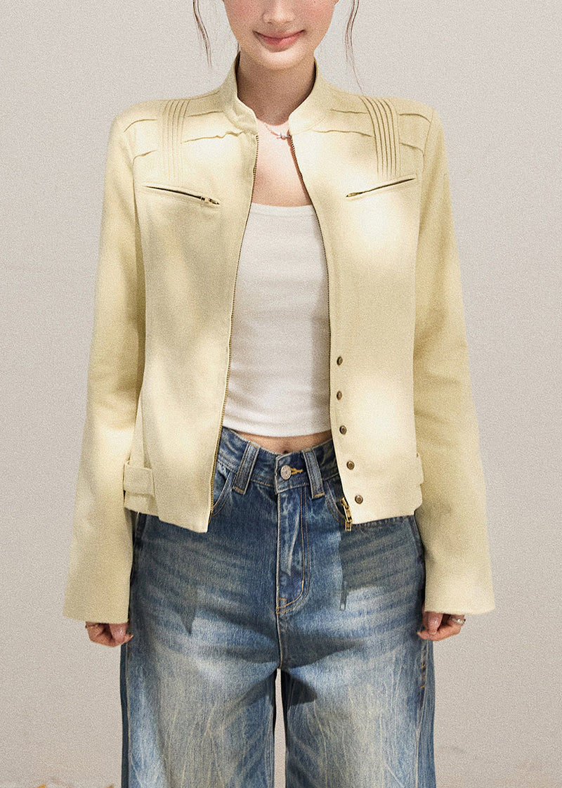 Modern Beige Zippered Wrinkled Cotton Jacket Fall