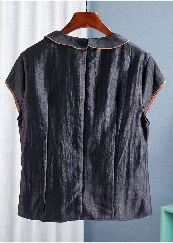 Black Peter Pan Collar Embroideried Silk Tops Summer