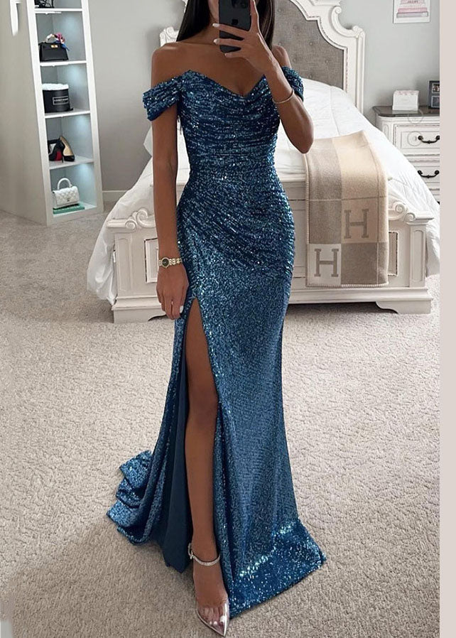 New Peacock Blue Slash Neck Side Open Sequins Party Dress Summer