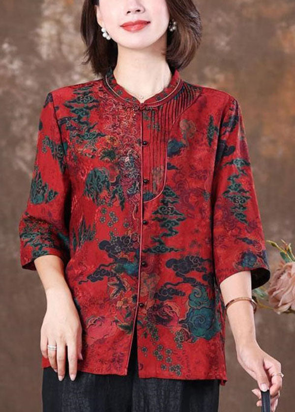Unique Red Stand Collar Print Slim Silk Shirt Tops Half Sleeve Spring