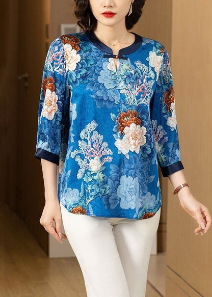 Blue O Neck Print Patchwork Silk Shirt Bracelet Sleeve
