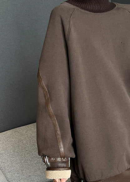 Loose Brown Turtleneck Patchwork Cotton Pullover Fall