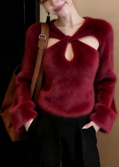 French Red Hollow Out Thick Mink Velvet Top Lantern Sleeve