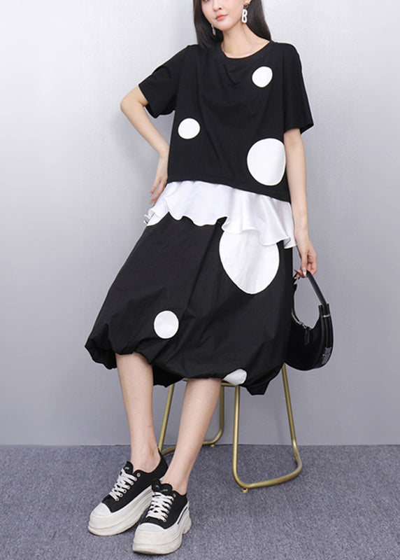 Black O-neck Dot Top and Skirts Two Pieces Set Short Sleeve