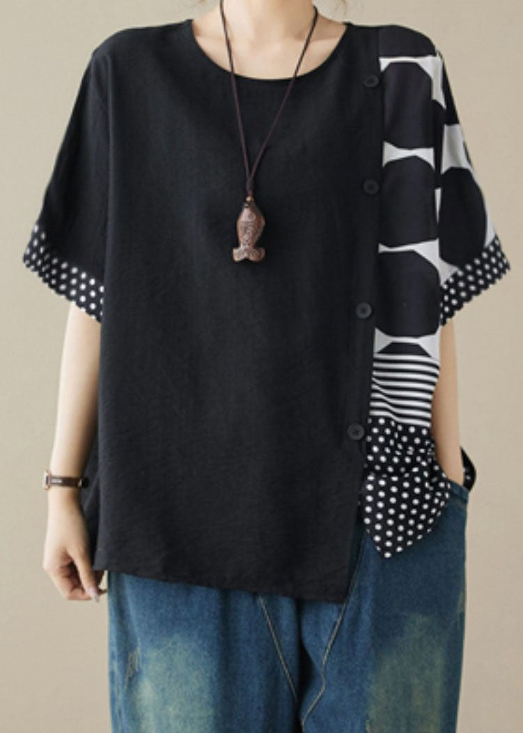 Black O Neck Print Patchwork Cotton T Shirt Tops Summer