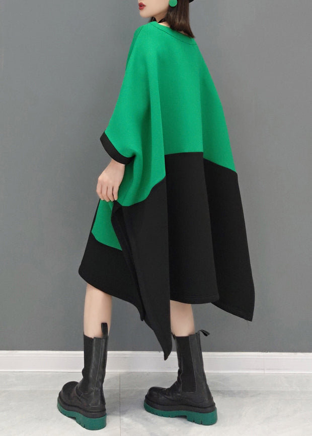 Green O Neck Pockets Patchwork Cotton Mid Dresses Fall