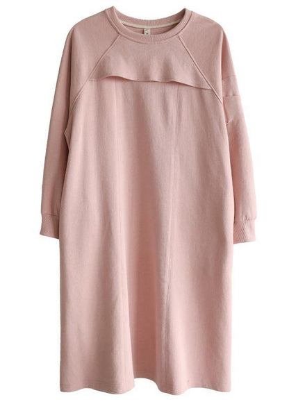 French Pink Patchwork Cotton Long Sleeve Spring Vacation Dresses