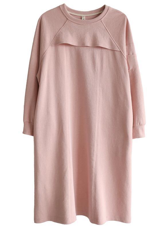 French Pink Patchwork Cotton Long Sleeve Spring Vacation Dresses