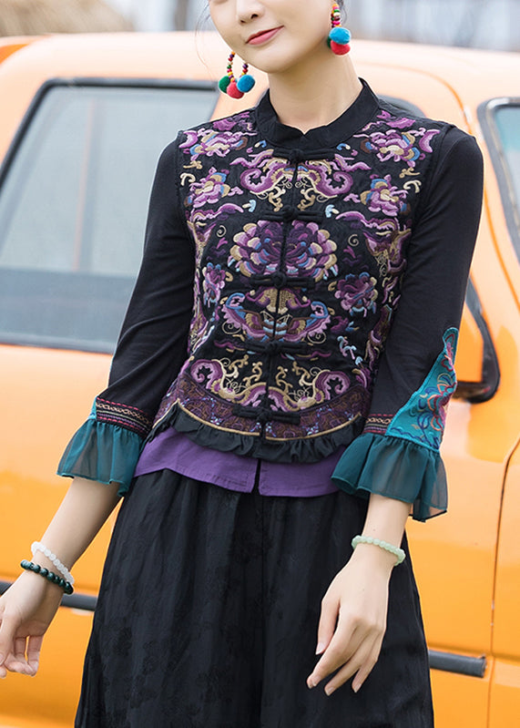 Black Stand Collar Embroideried Linen Waistcoat Fall