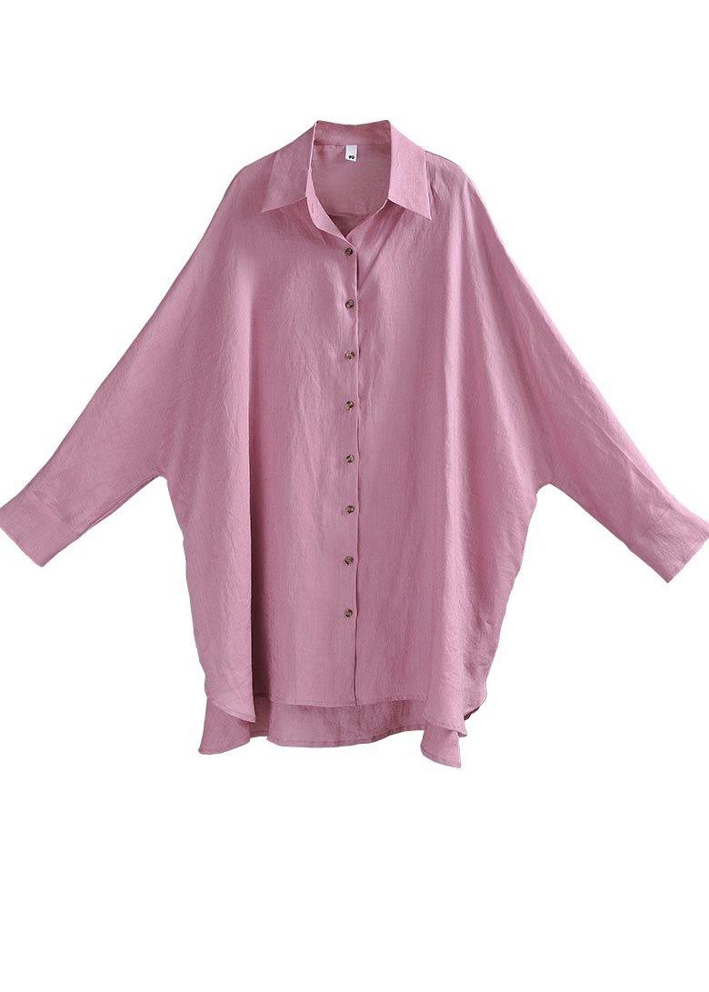 Fitted Pink Purple Side Open Cotton Linen Summer Blouse Top