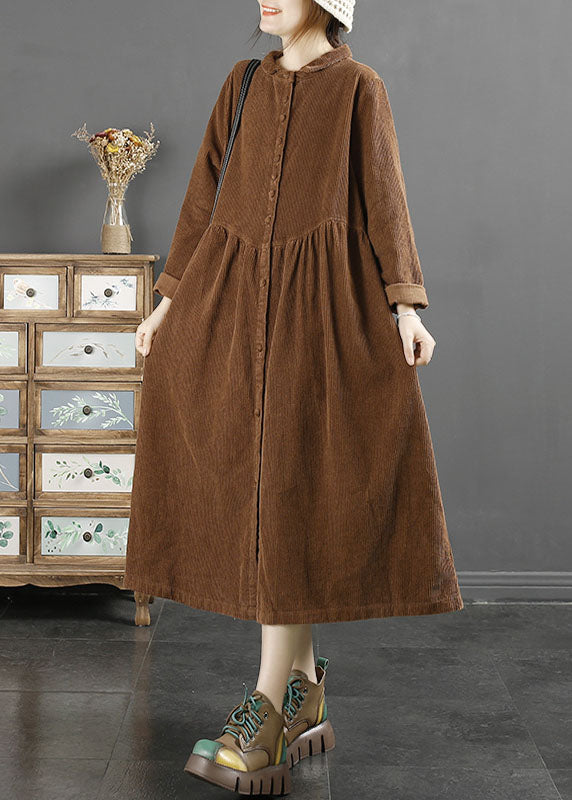 Coffee Square Collar Wrinkled Patchwork Corduroy Long Trench Coats Long Sleeve