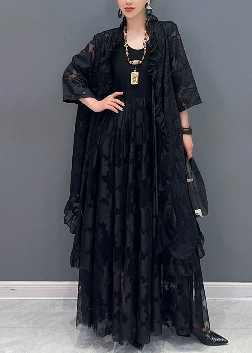 Black Ruffled Lace Up Patchwork Lace Two Piece Set Summer
