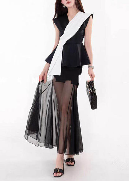 French Colorblock Asymmetrical Patchwork Spandex Vest Top Sleeveless
