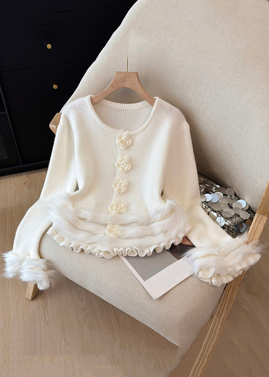 White Ruffled Cozy Patchwork Knit Sweater Tops