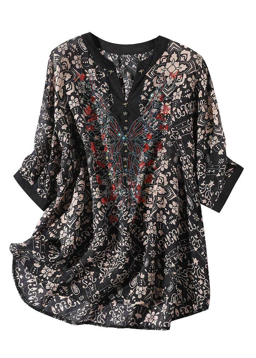 Black V Neck Print Silk Shirt for Short Sleeve