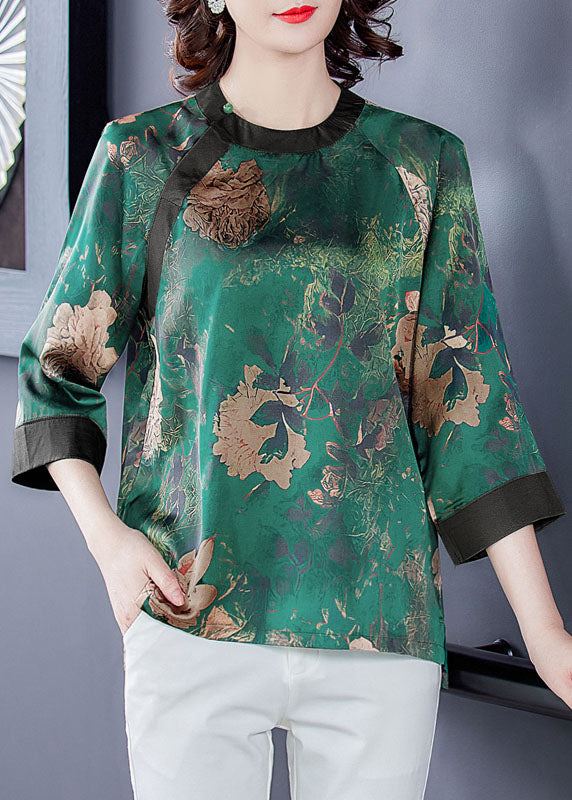 Green O-neck Patchwork Print Silk Shirt Tops Bracelet Sleeve