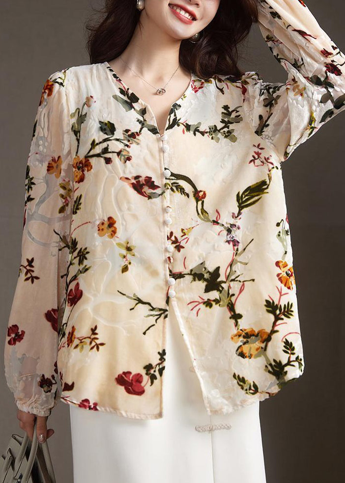 Apricot V Neck Button Print Silk Velour Shirt Spring
