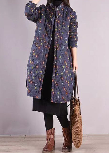 Blue Stand Collar Pockets Patchwork Fine Cotton Filled Coat Winter