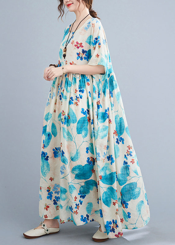 Blue O Neck Print Pockets Cotton Dress Summer