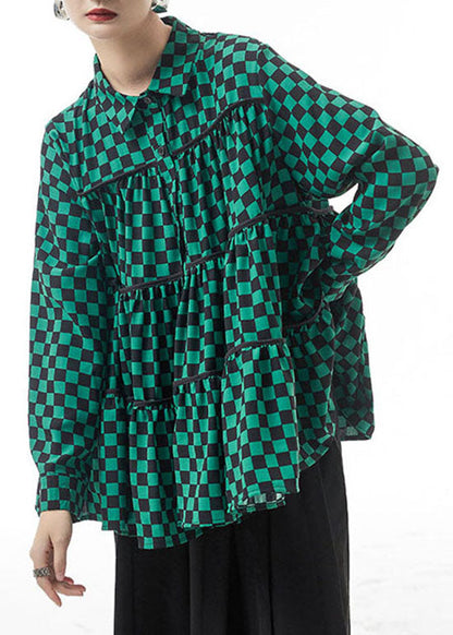 Green Plaid Chiffon Shirt Tops Patchwork Wrinkled Spring