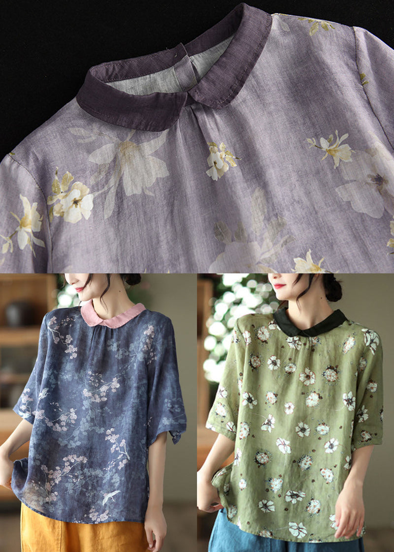 Blackish Green Colorblock Patchwork Linen Shirt Top Short Sleeve